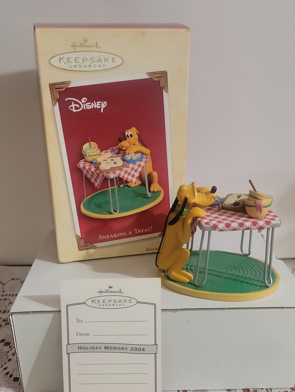 2004 Hallmark Yellow Disney Pluto Ornament with Red-White Tablecloth